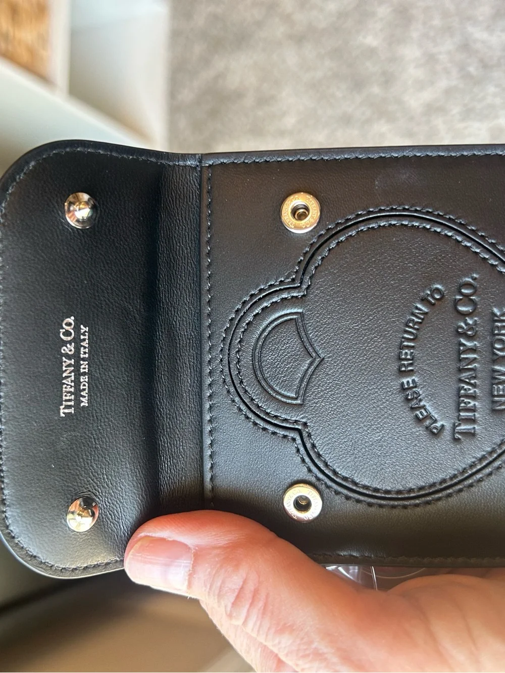 Tiffany & Co. Black Leather Heart Card Holder with Snap Keyring